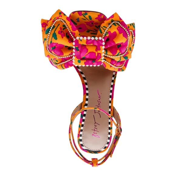 Betsey Johnson Women's Denly Bow Two Piece Stiletto Sandals Orange Floral Size 7 - Picture 3 of 4